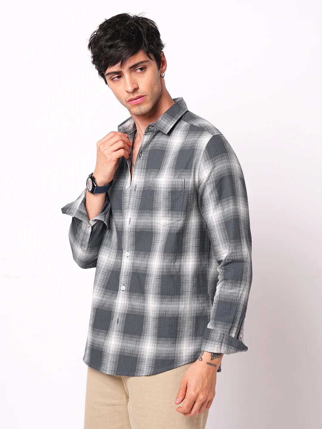 Premium Cotton Grey & White Box Checks Textured Shirt - Image 6