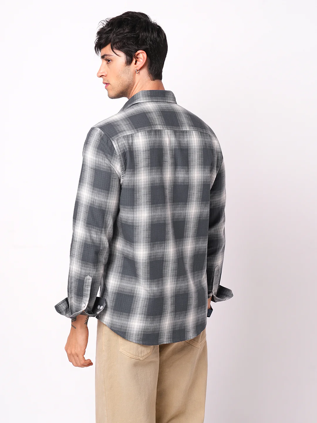 Premium Cotton Grey & White Box Checks Textured Shirt - Image 7