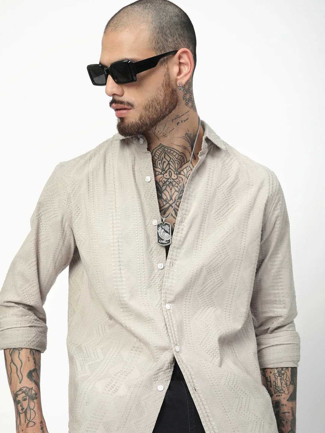 Premium Cotton Harbour Grey Geometric Embroidered Shirt - Image 2