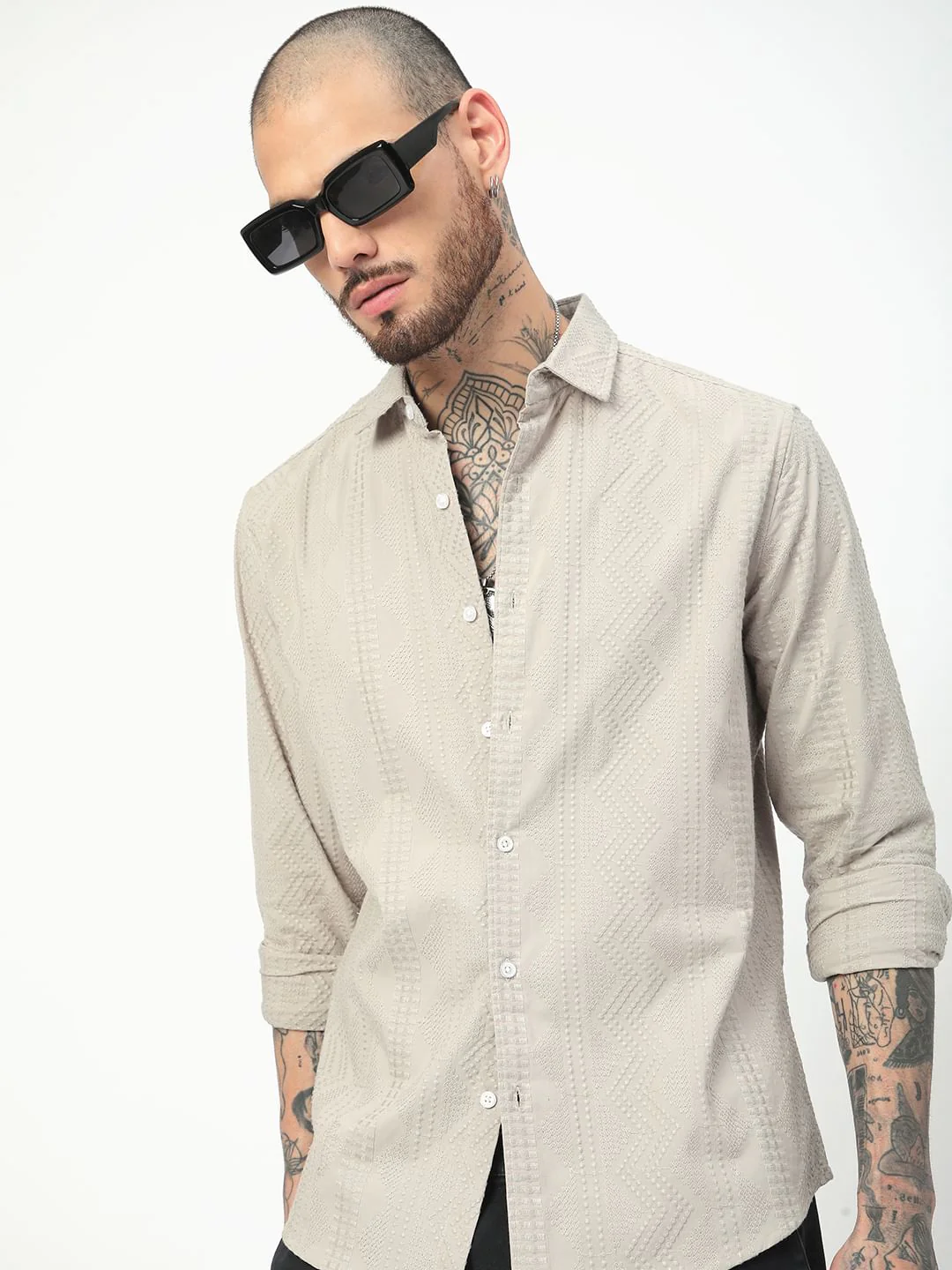 Premium Cotton Harbour Grey Geometric Embroidered Shirt - Image 4