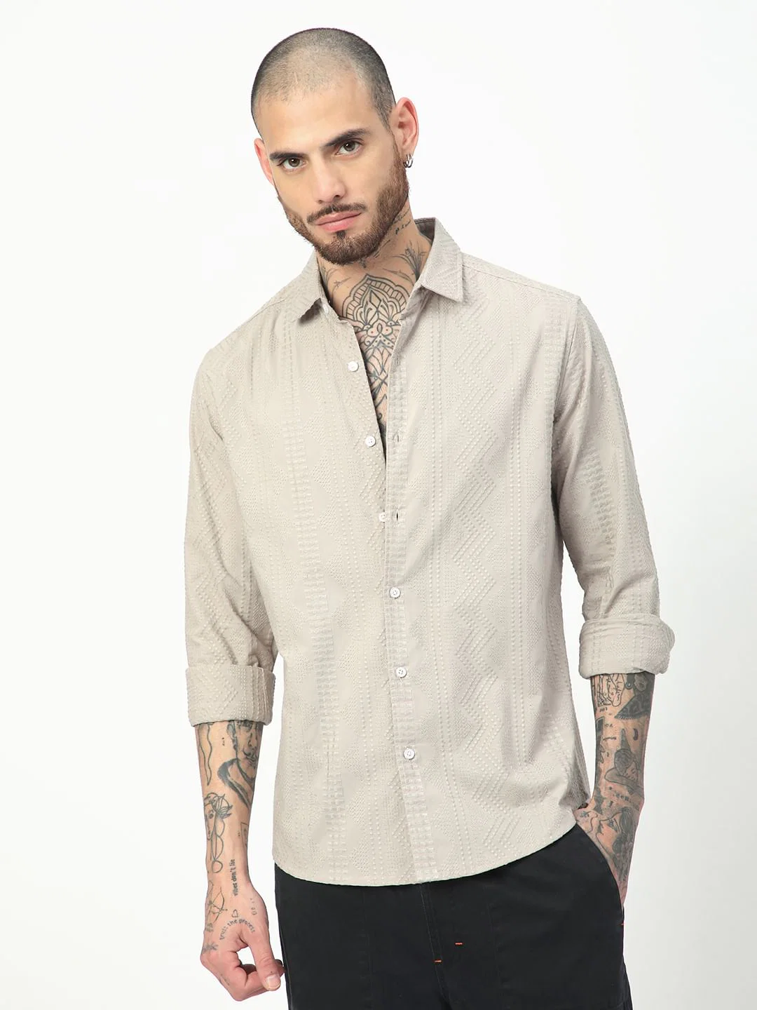 Premium Cotton Harbour Grey Geometric Embroidered Shirt - Image 5