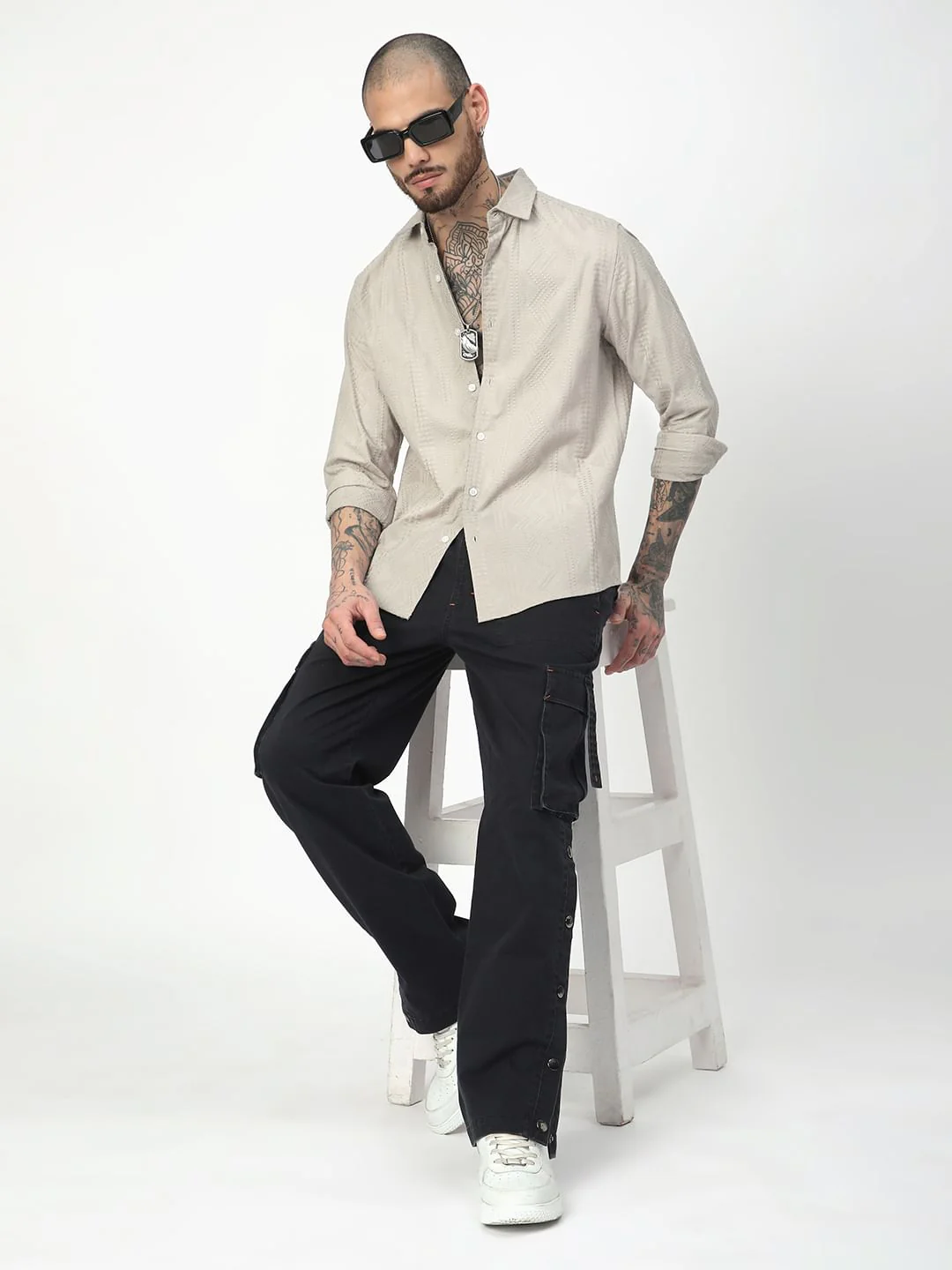 Premium Cotton Harbour Grey Geometric Embroidered Shirt - Image 8