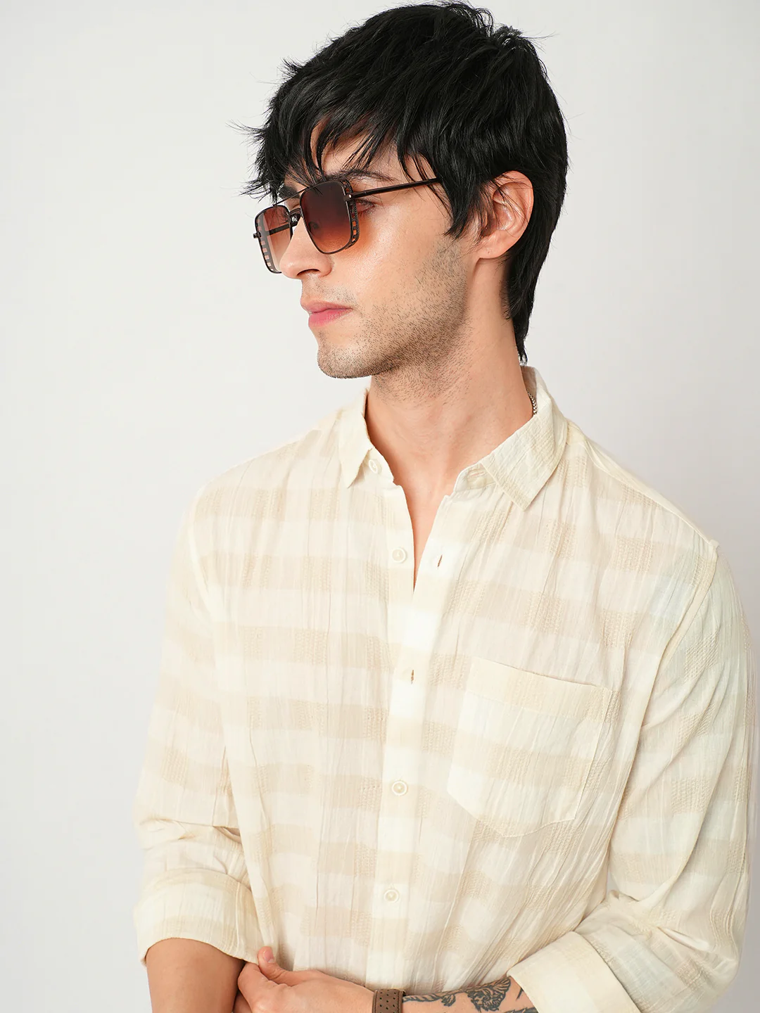 Premium Cotton Ivory Broad Checked Crepe Shirt - Image 2