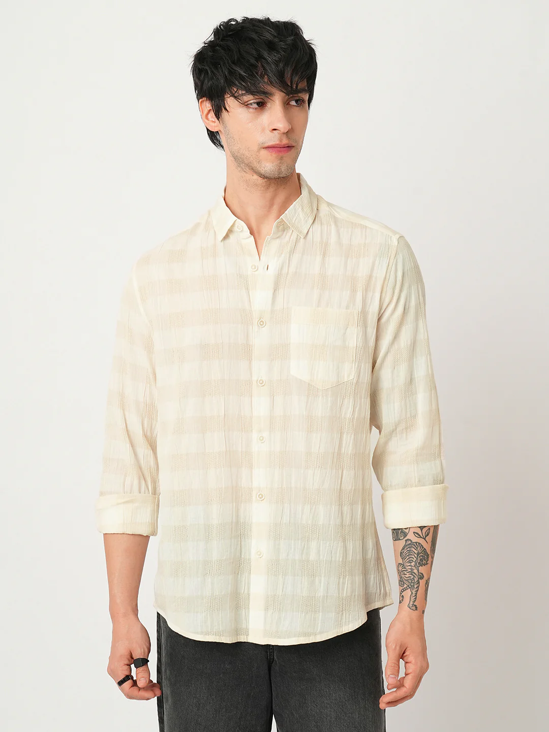 Premium Cotton Ivory Broad Checked Crepe Shirt - Image 4
