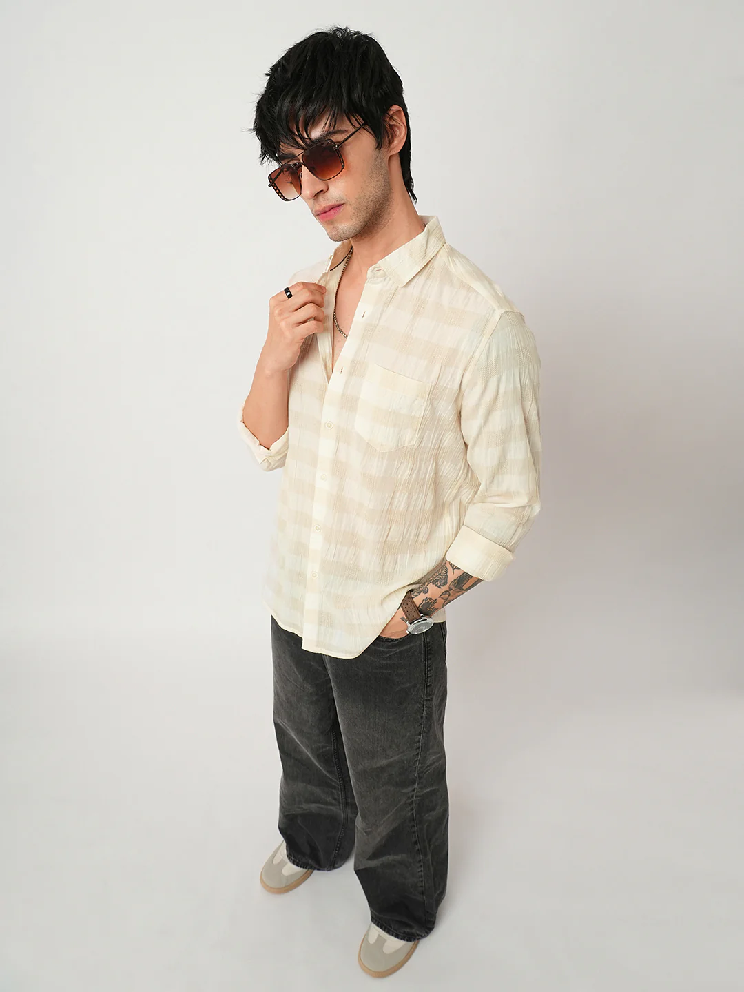 Premium Cotton Ivory Broad Checked Crepe Shirt - Image 7