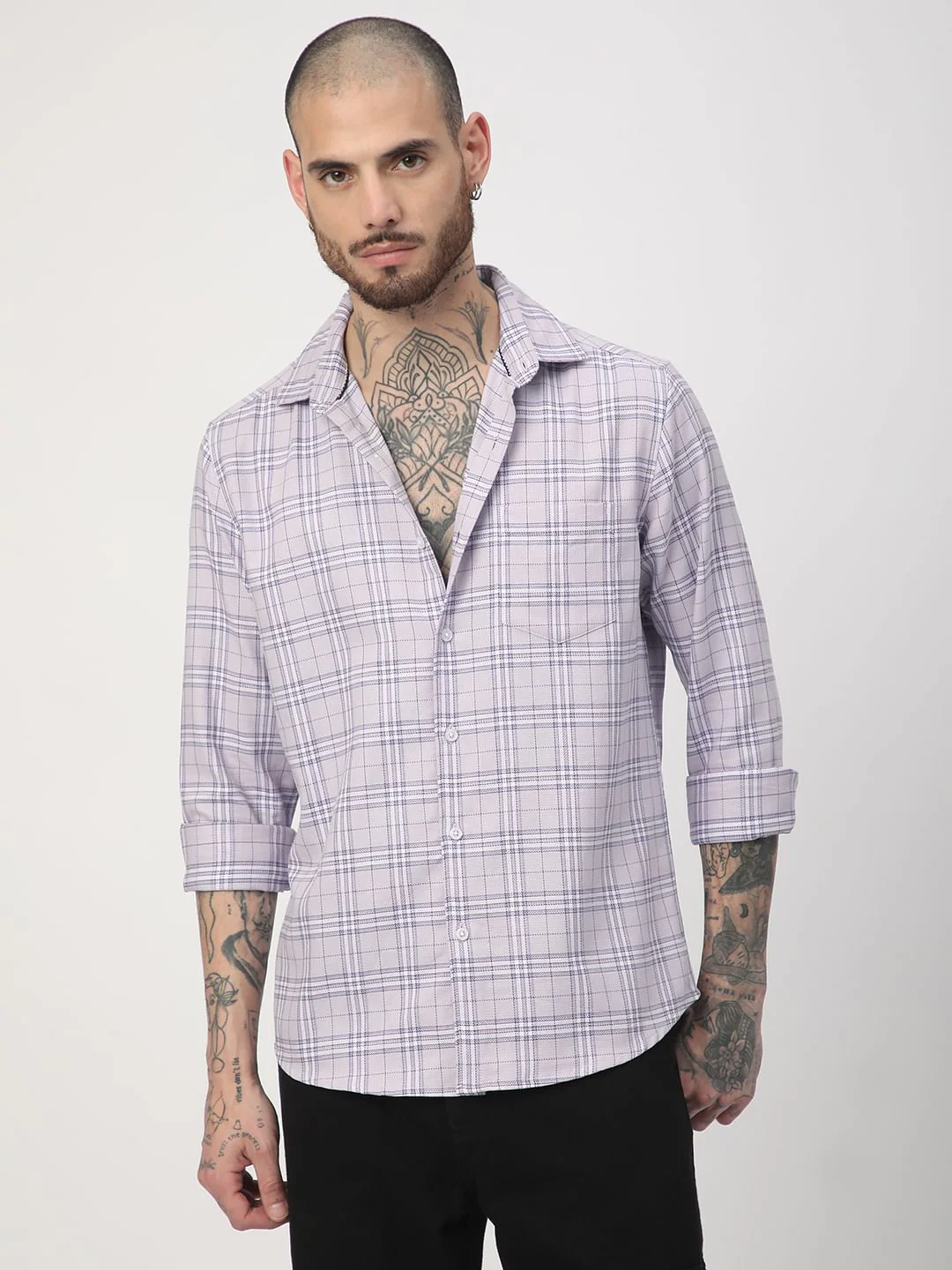 Premium Cotton Lilac & White Tartan Checked Shirt - Image 4