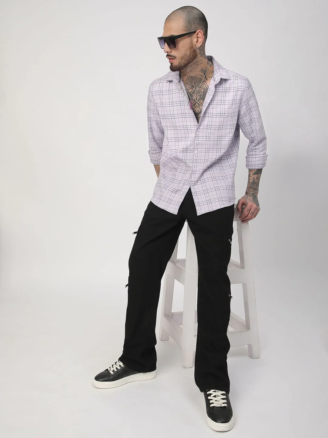 Premium Cotton Lilac & White Tartan Checked Shirt - Image 7