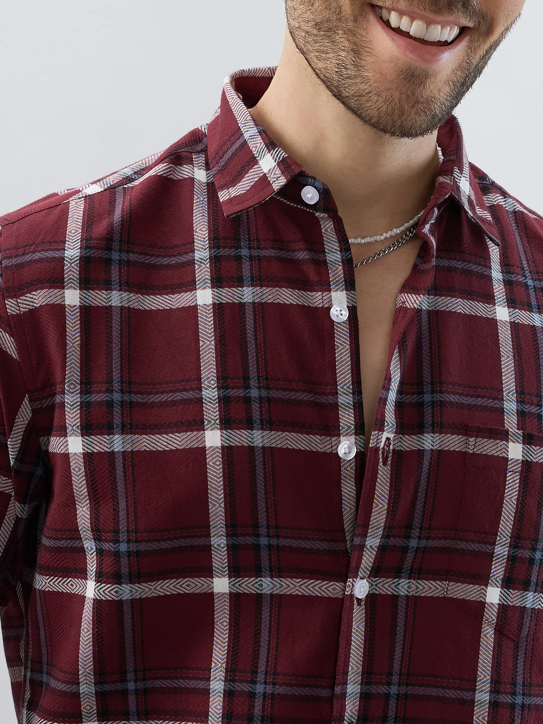 Premium Cotton Maroon Herringbone Tartan Checked Shirt - Image 3