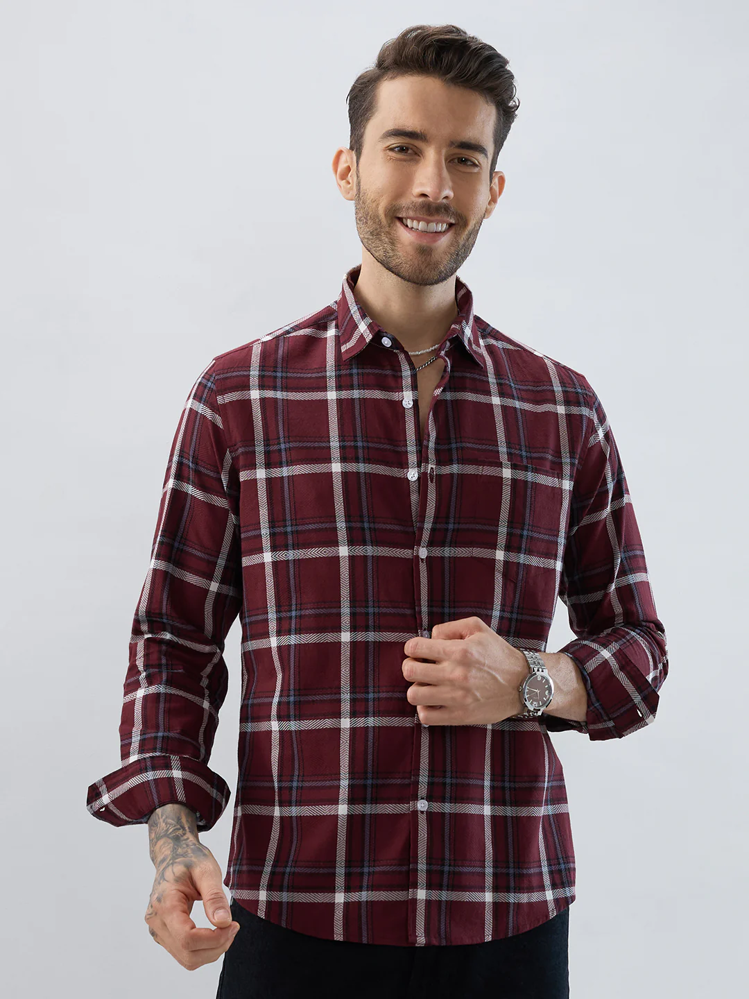 Premium Cotton Maroon Herringbone Tartan Checked Shirt - Image 4