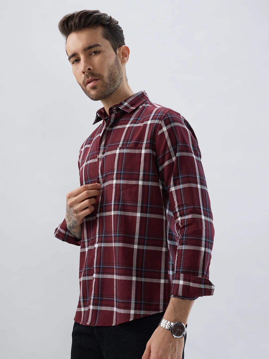 Premium Cotton Maroon Herringbone Tartan Checked Shirt - Image 5