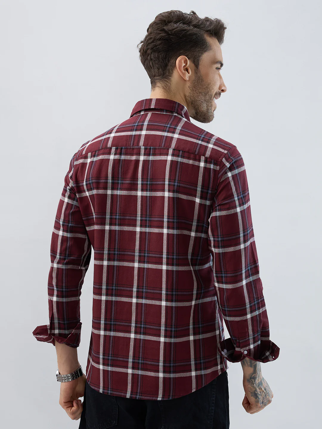 Premium Cotton Maroon Herringbone Tartan Checked Shirt - Image 6