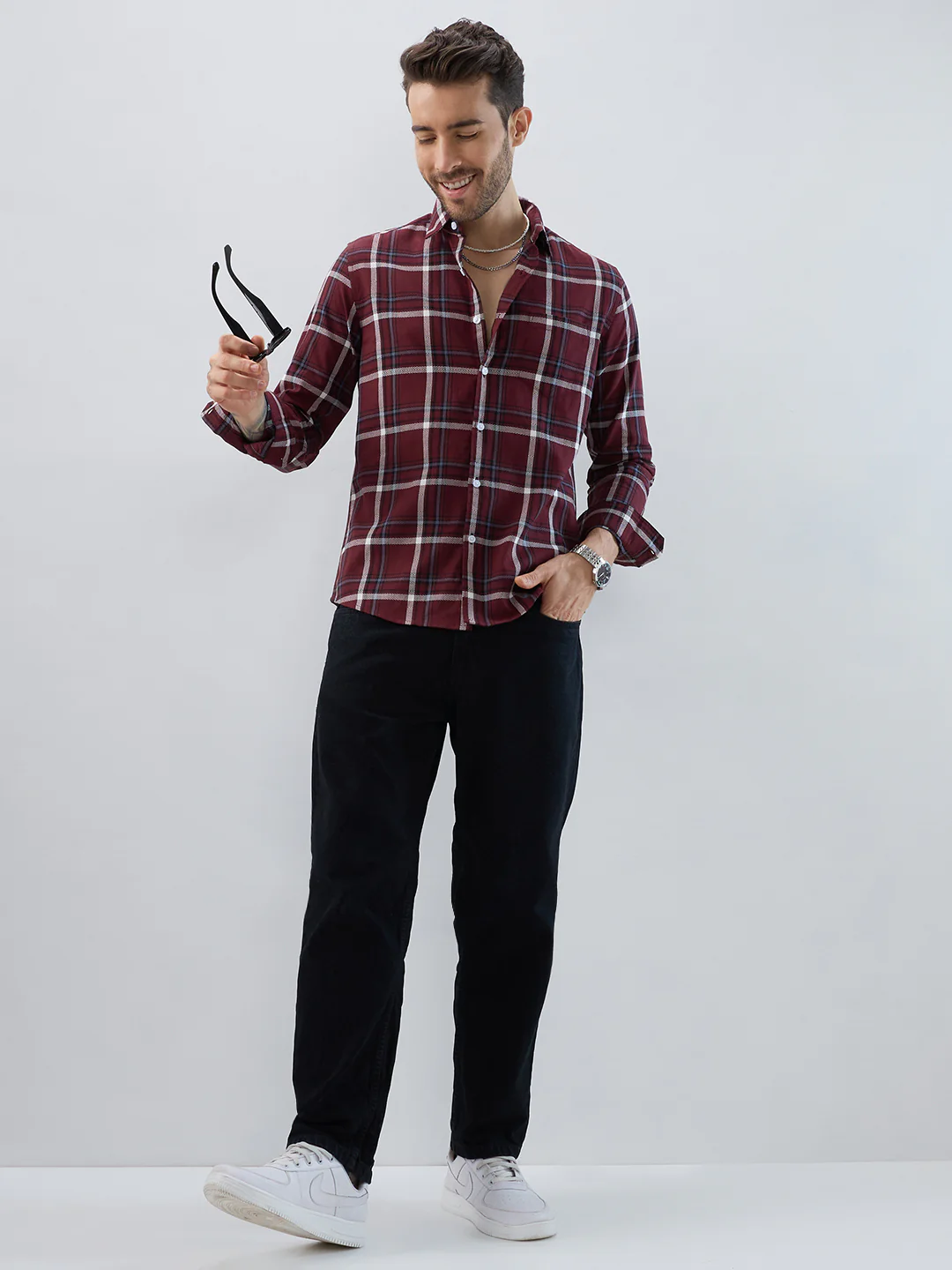 Premium Cotton Maroon Herringbone Tartan Checked Shirt - Image 7