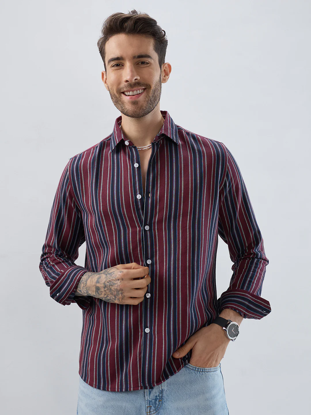Premium Cotton Maroon & Navy Balanced Striped Shirt - Image 4