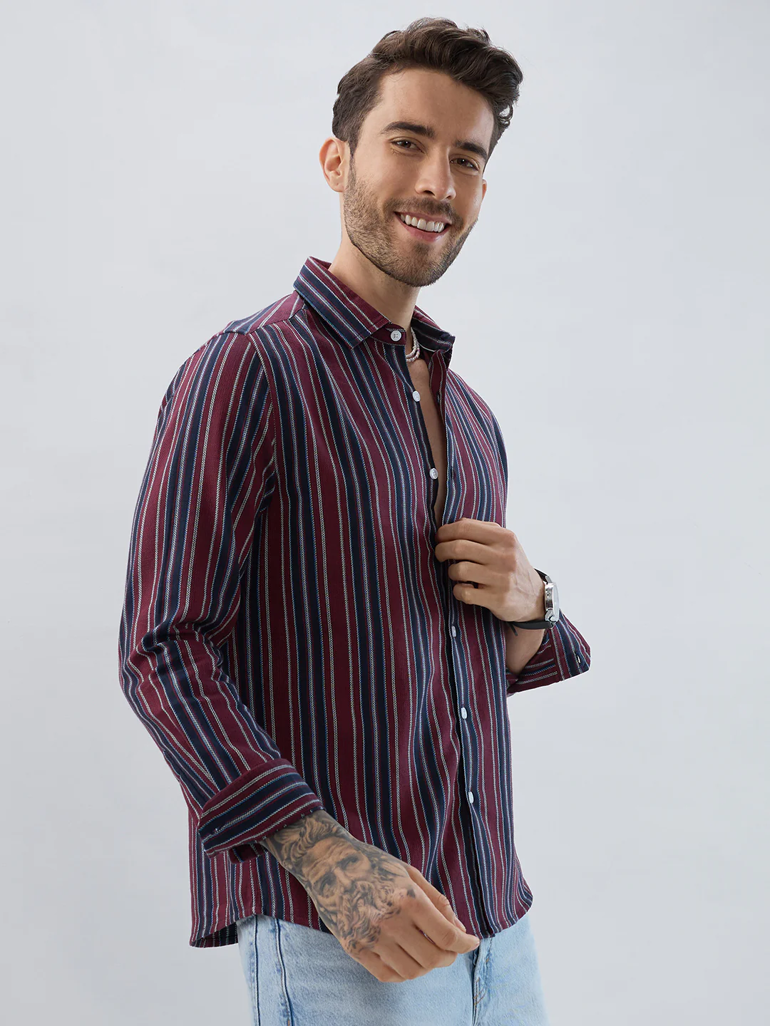 Premium Cotton Maroon & Navy Balanced Striped Shirt - Image 5