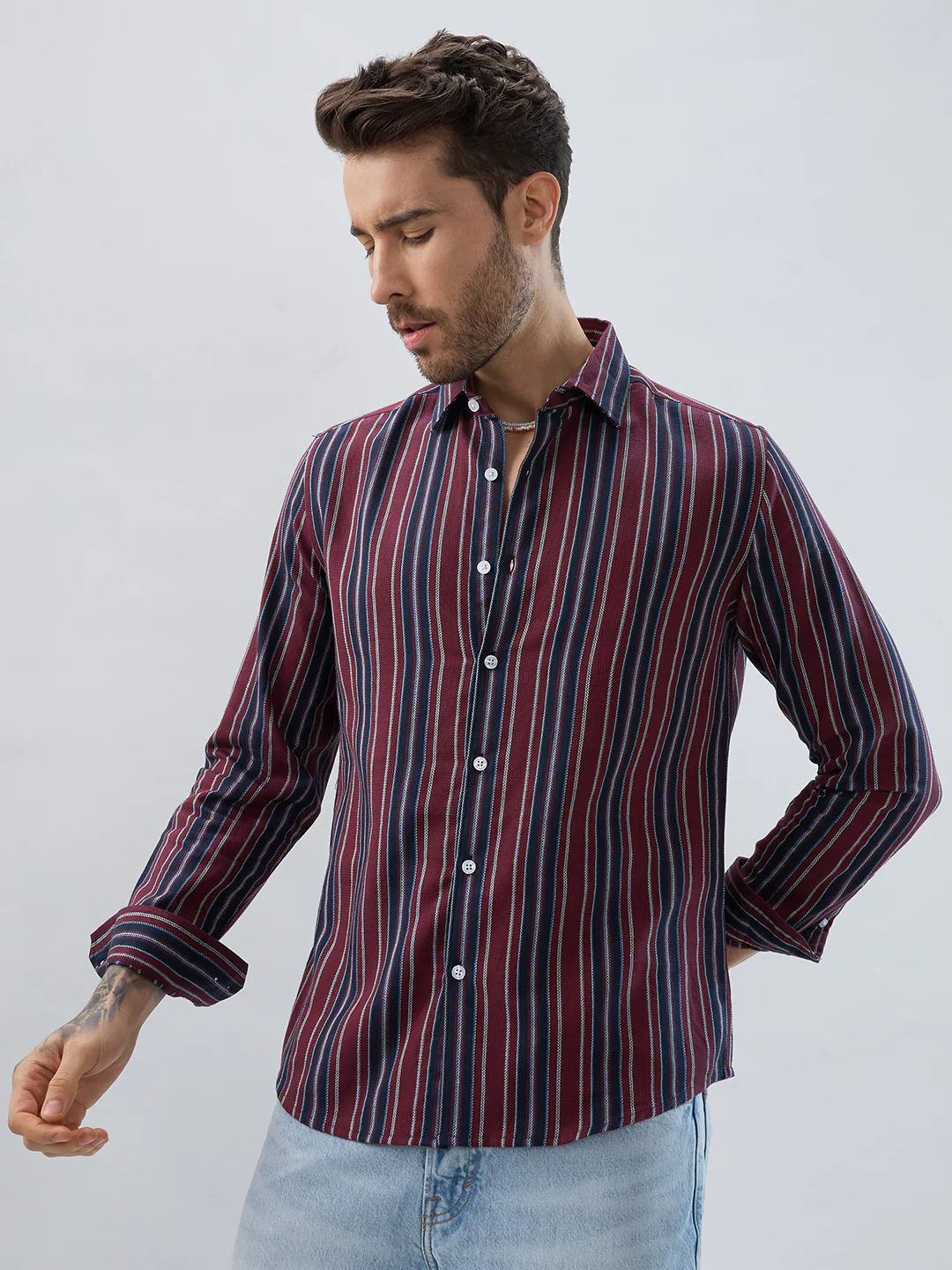 Premium Cotton Maroon & Navy Balanced Striped Shirt - Image 6