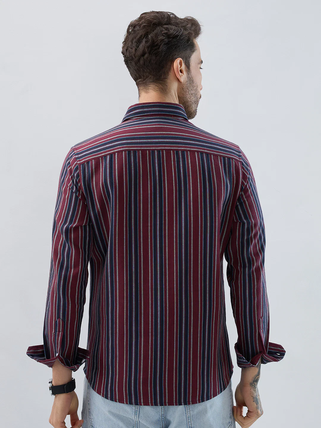 Premium Cotton Maroon & Navy Balanced Striped Shirt - Image 7