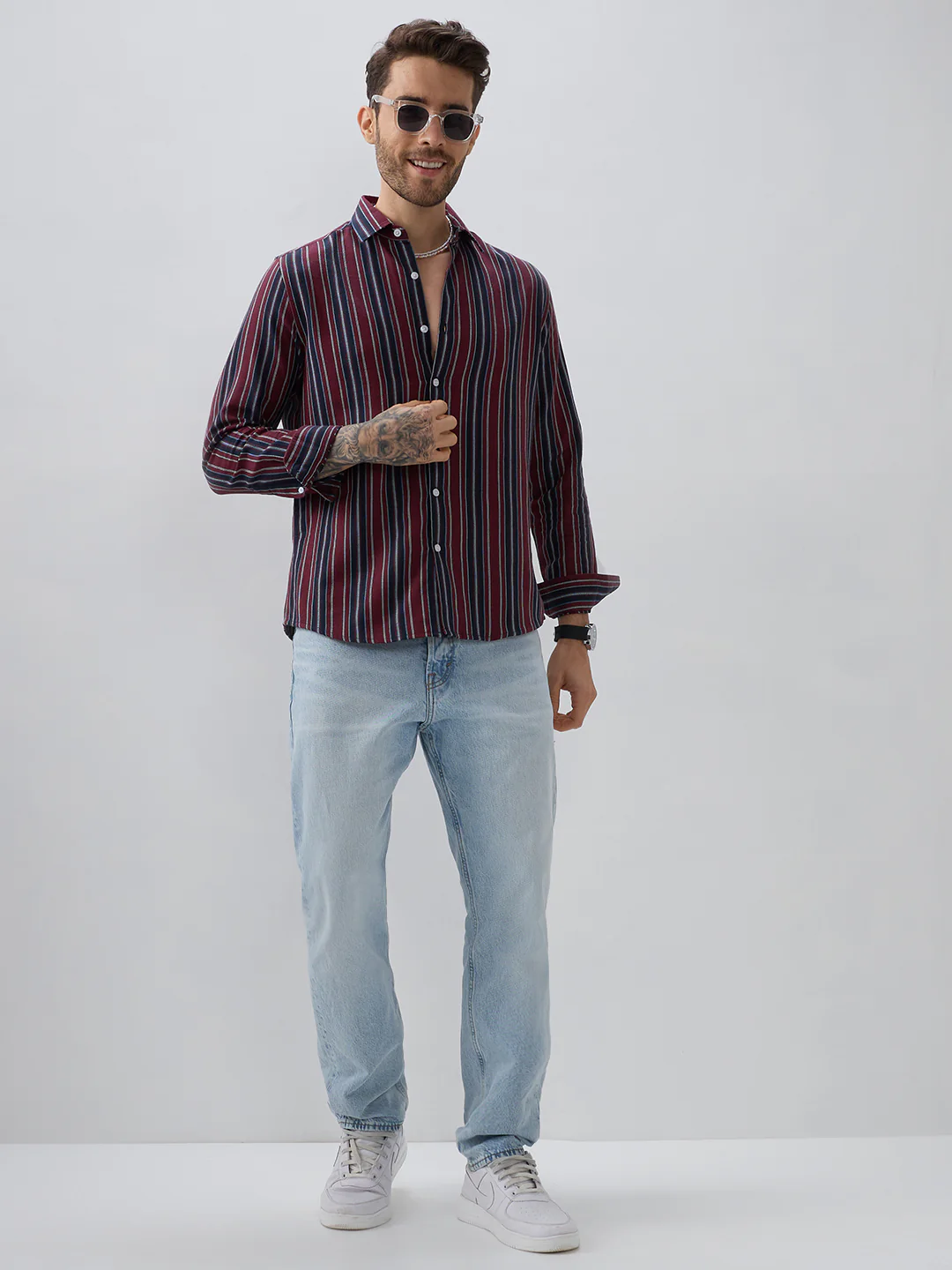 Premium Cotton Maroon & Navy Balanced Striped Shirt - Image 8