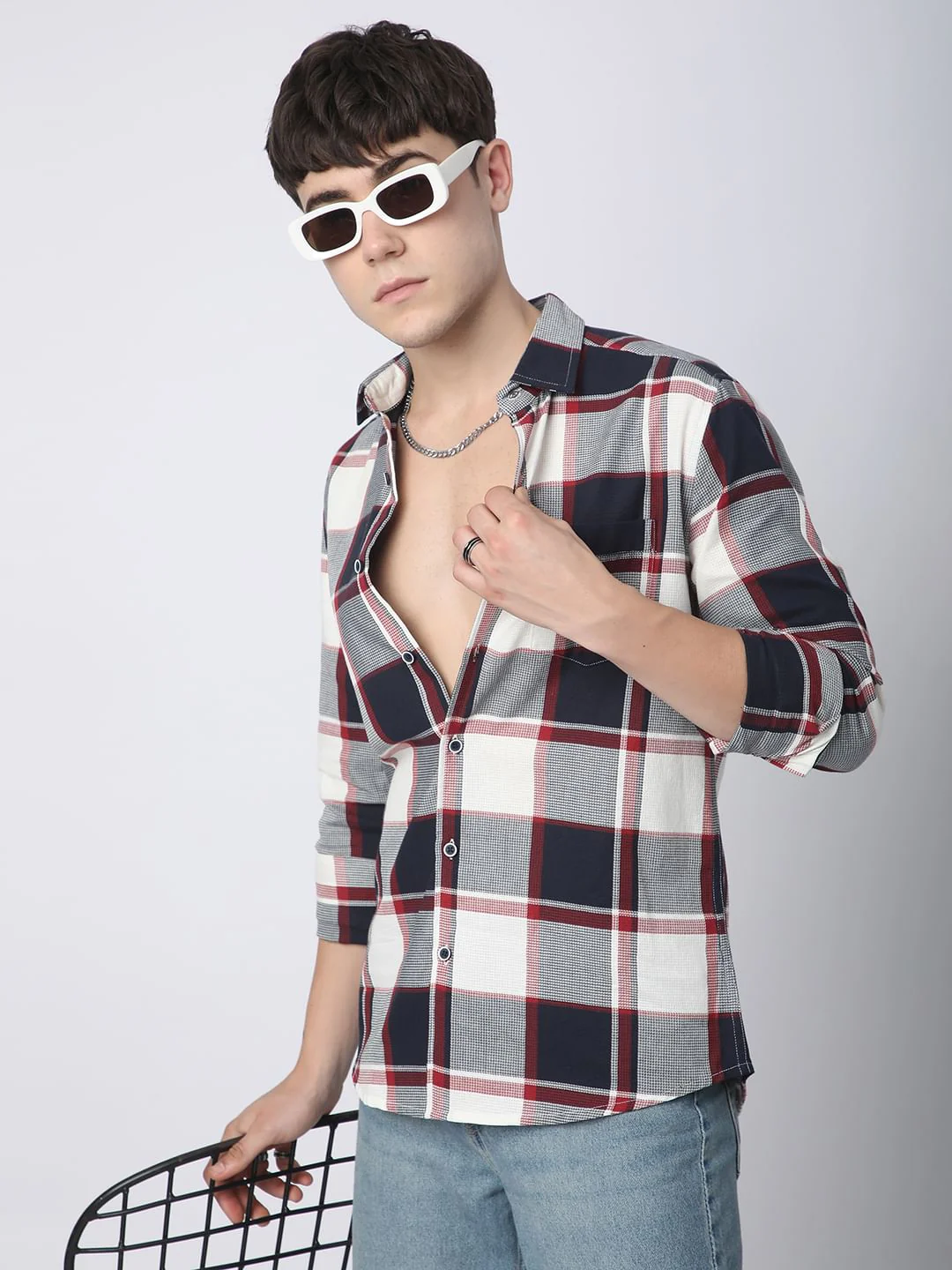 Premium Cotton Navy & White Broad Checks Shirt - Image 2