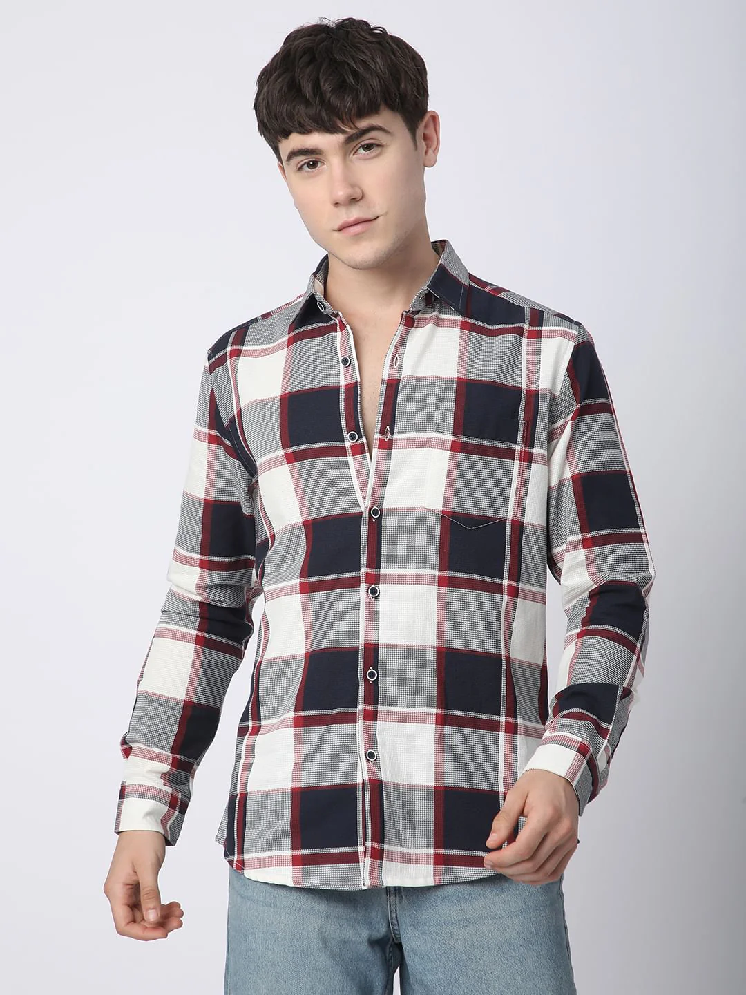 Premium Cotton Navy & White Broad Checks Shirt - Image 4