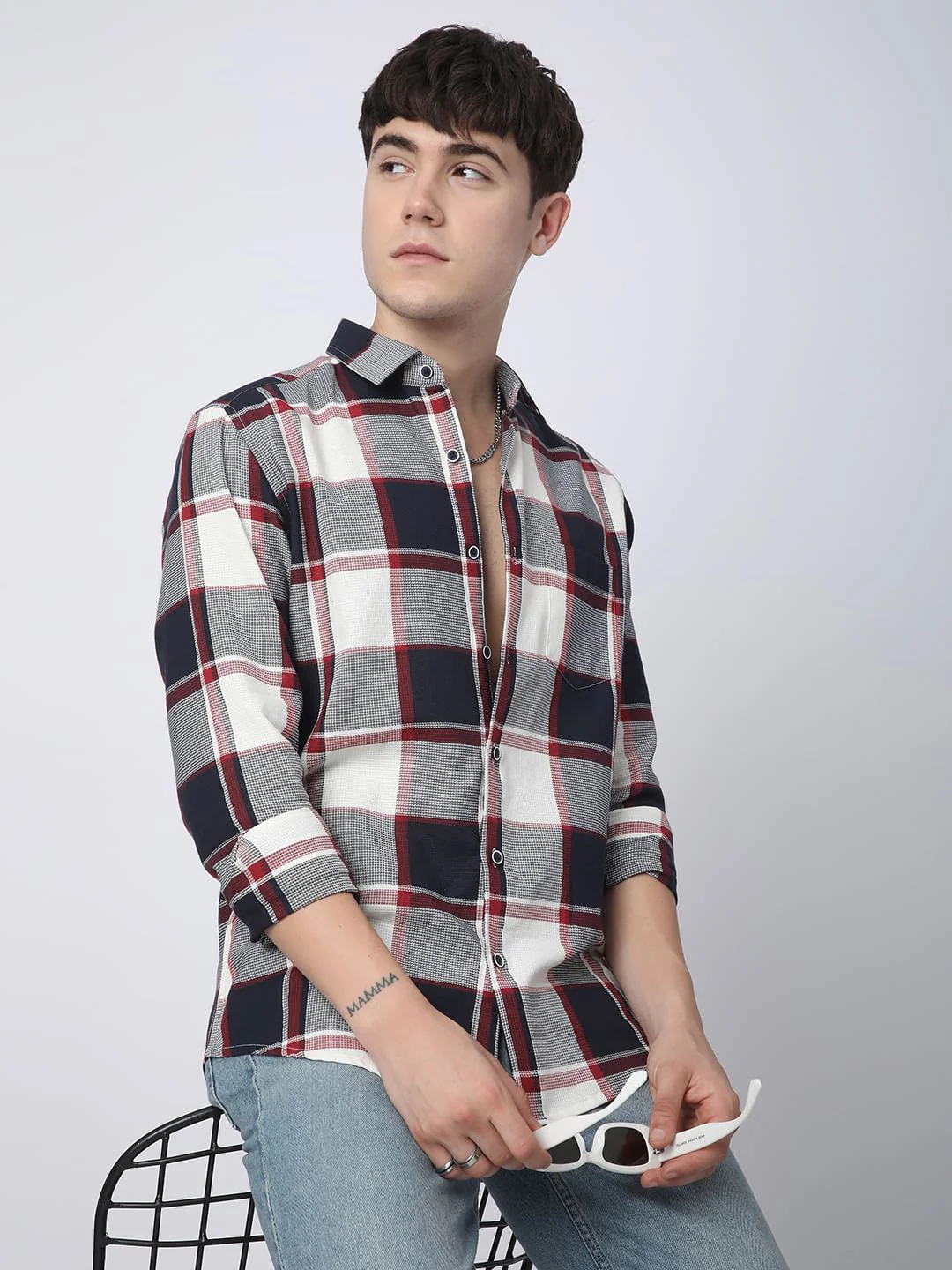 Premium Cotton Navy & White Broad Checks Shirt - Image 5