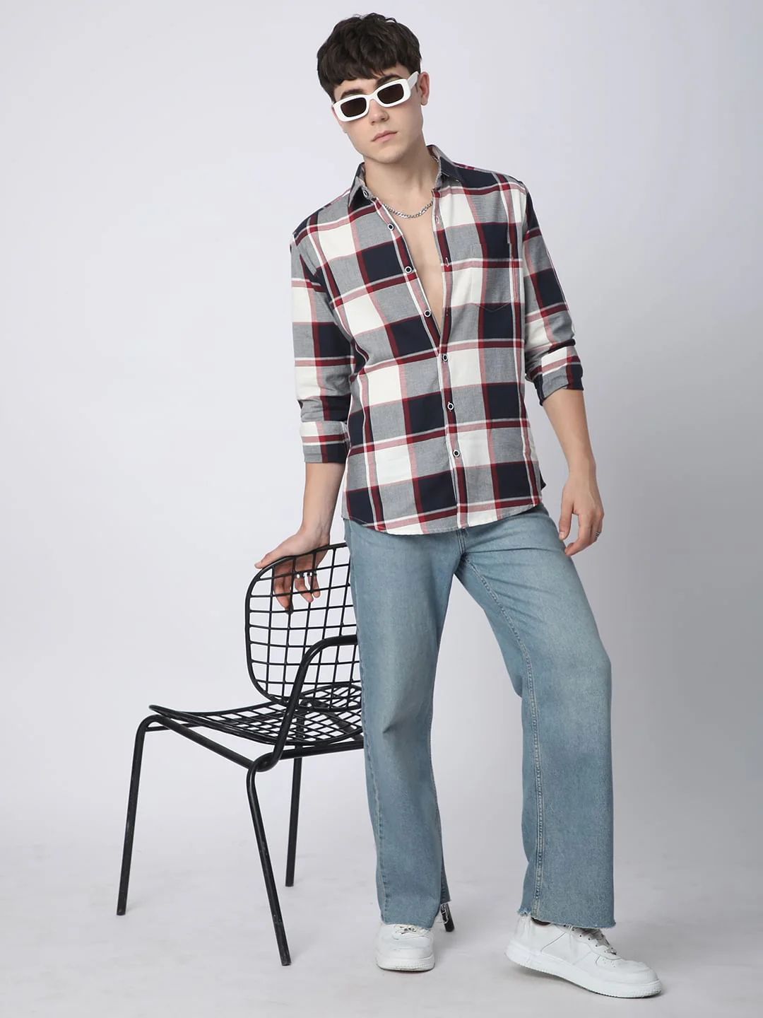 Premium Cotton Navy & White Broad Checks Shirt - Image 8