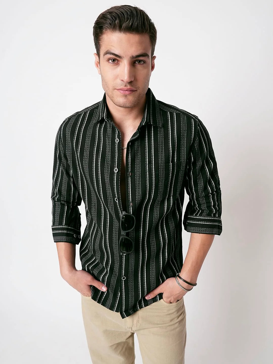 Premium Cotton Olive Pencil Striped Waffle Shirt - Image 3
