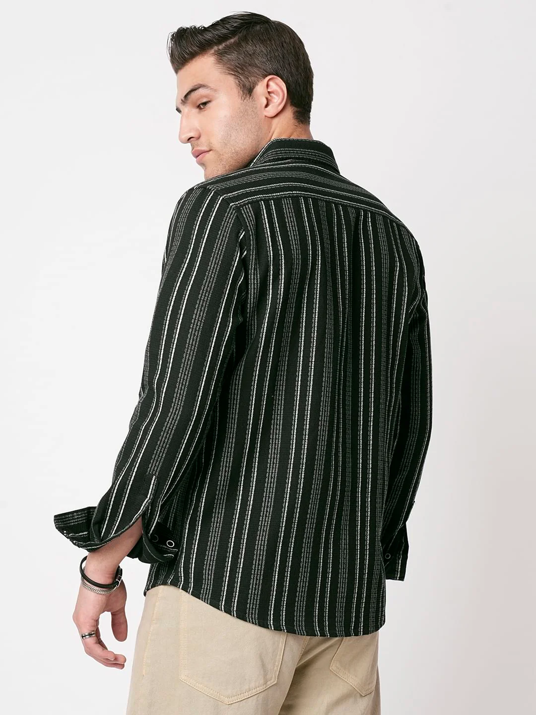 Premium Cotton Olive Pencil Striped Waffle Shirt - Image 7
