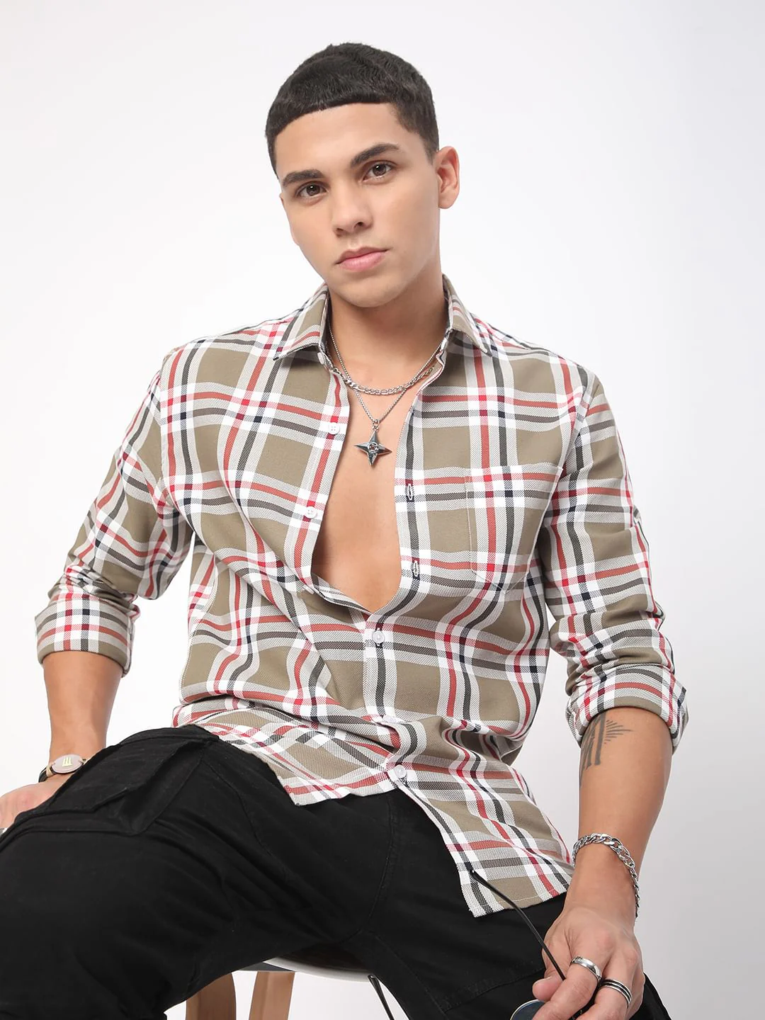 Premium Cotton Opulent Tartanique Olive Checkered Shirt - Image 2