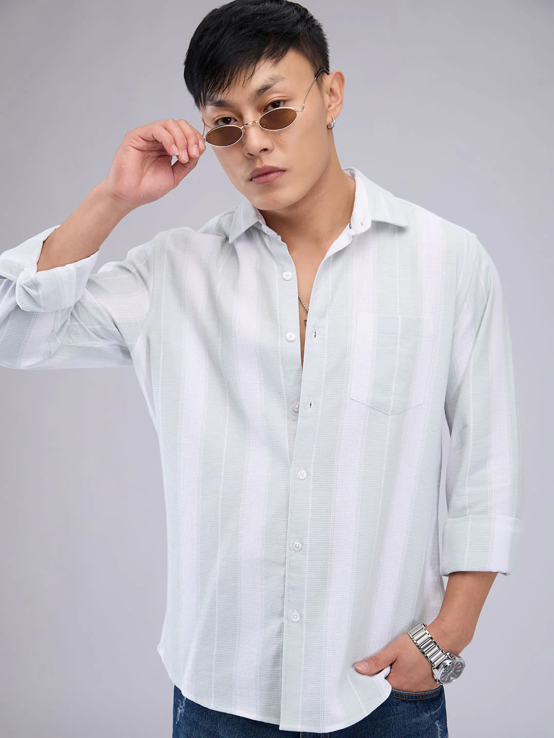 Premium Cotton Pastel Green & White Broad Striped Shirt - Image 4
