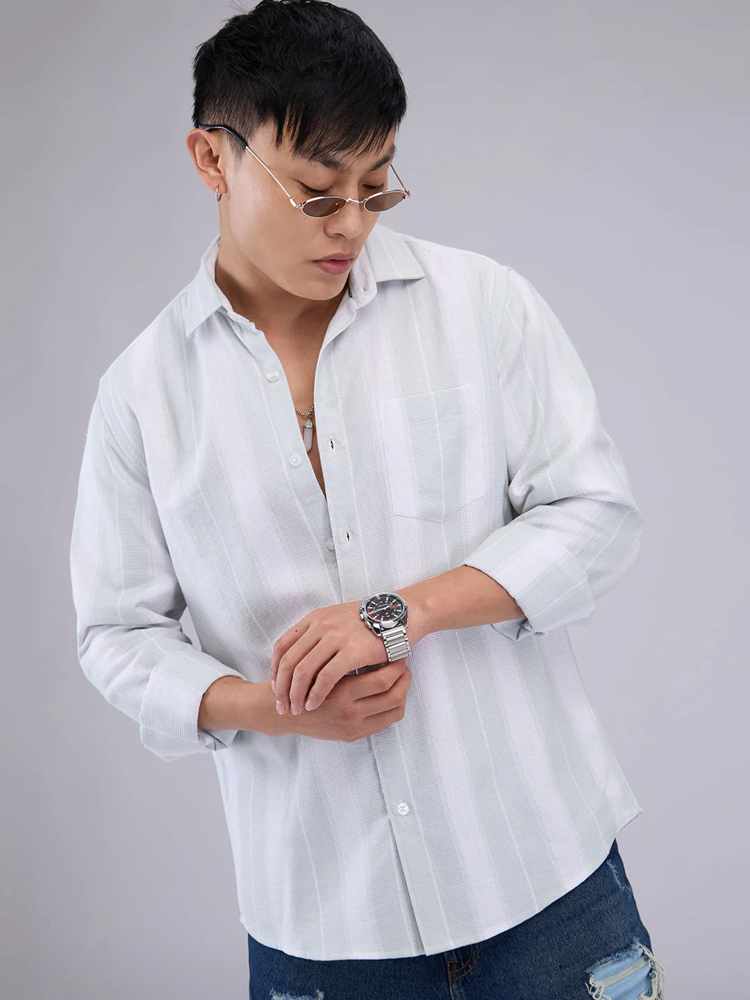 Premium Cotton Pastel Green & White Broad Striped Shirt - Image 5