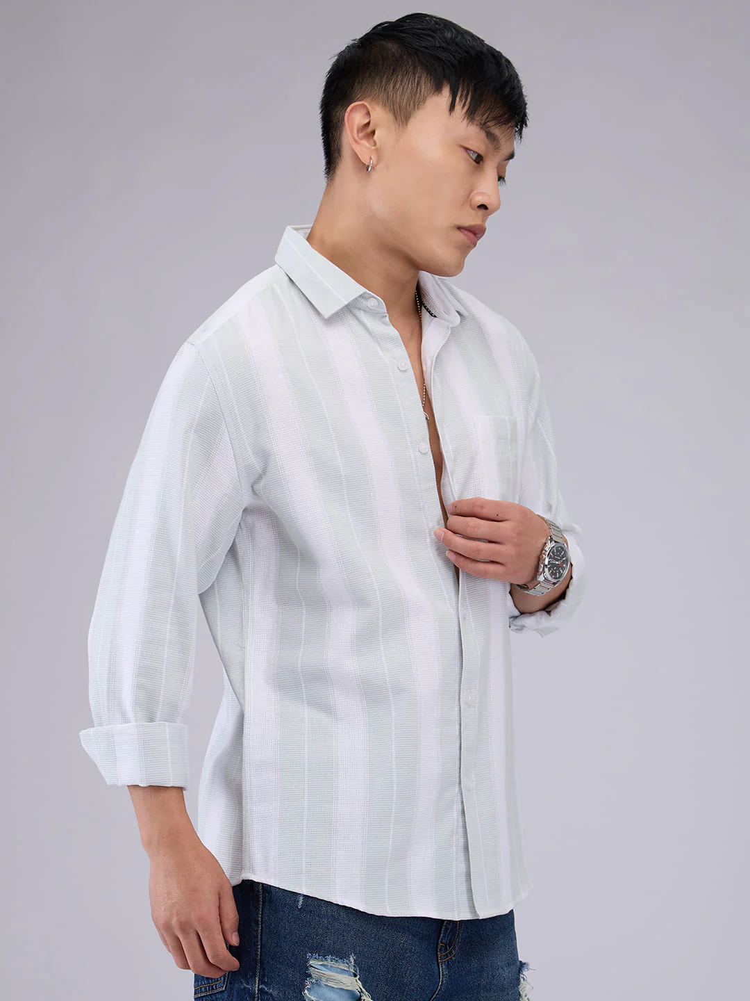 Premium Cotton Pastel Green & White Broad Striped Shirt - Image 6