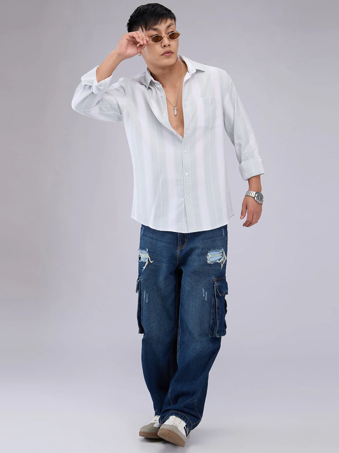 Premium Cotton Pastel Green & White Broad Striped Shirt - Image 8