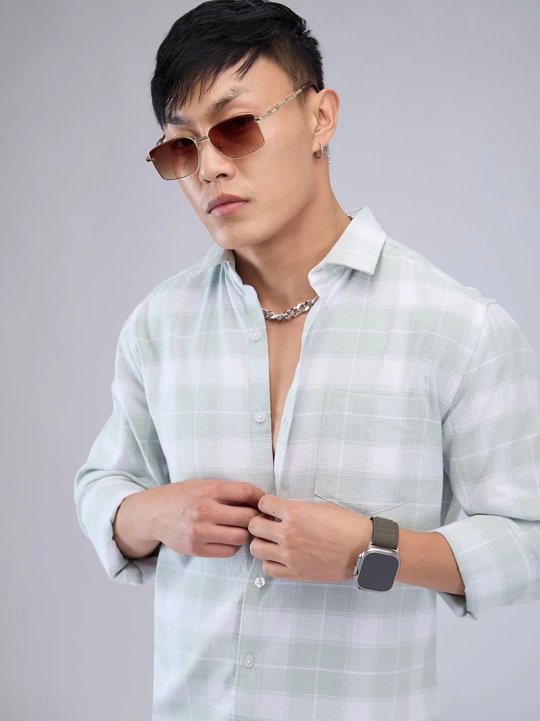 Premium Cotton Pastel Green & White Tartanique Checked Shirt - Image 2