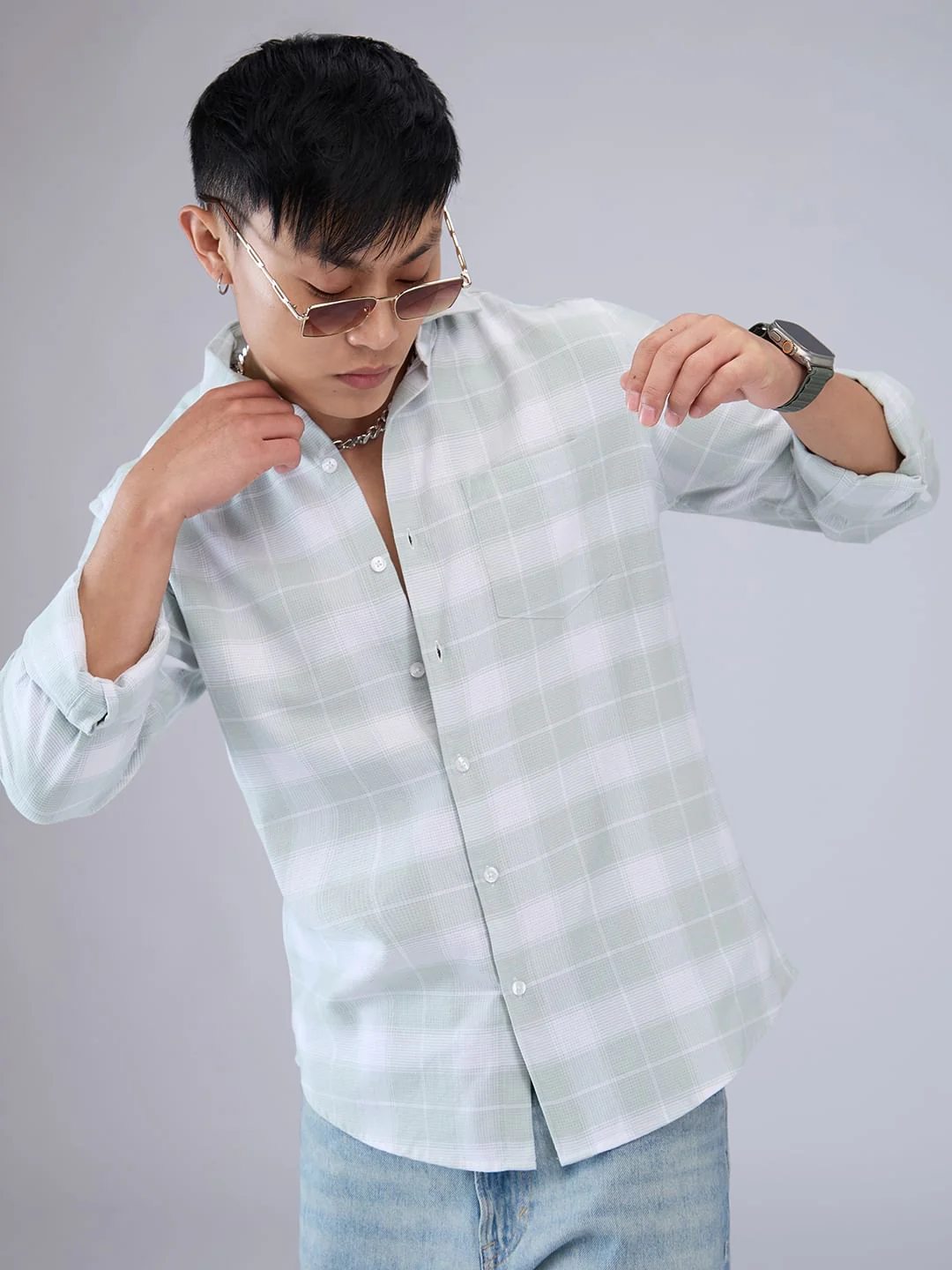 Premium Cotton Pastel Green & White Tartanique Checked Shirt - Image 4