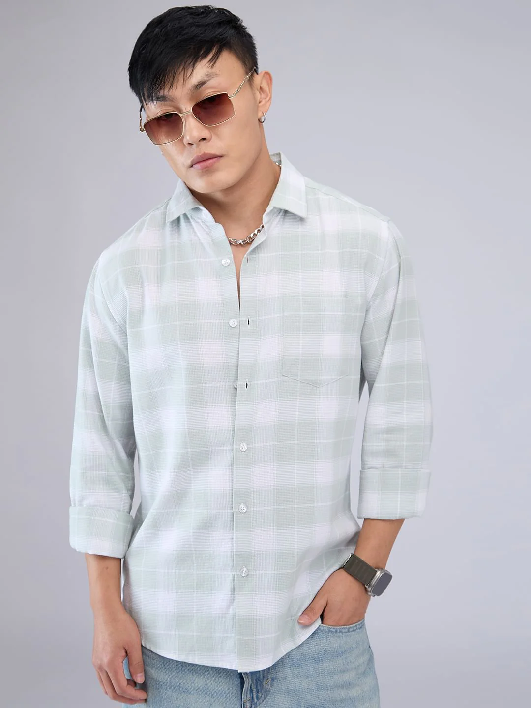 Premium Cotton Pastel Green & White Tartanique Checked Shirt - Image 5