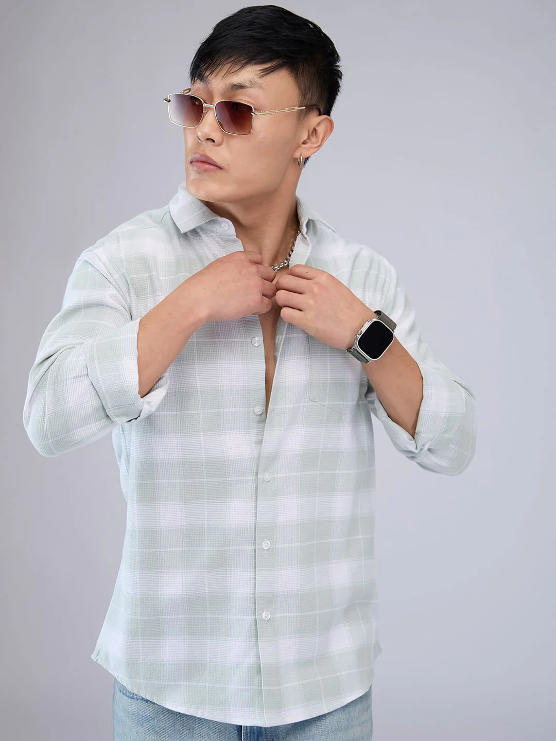 Premium Cotton Pastel Green & White Tartanique Checked Shirt - Image 6