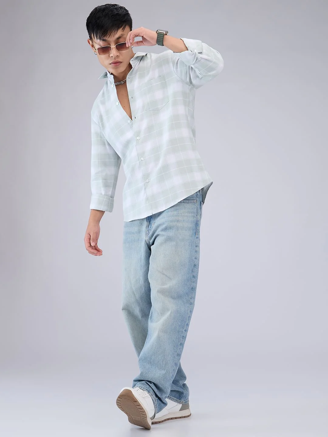 Premium Cotton Pastel Green & White Tartanique Checked Shirt - Image 8