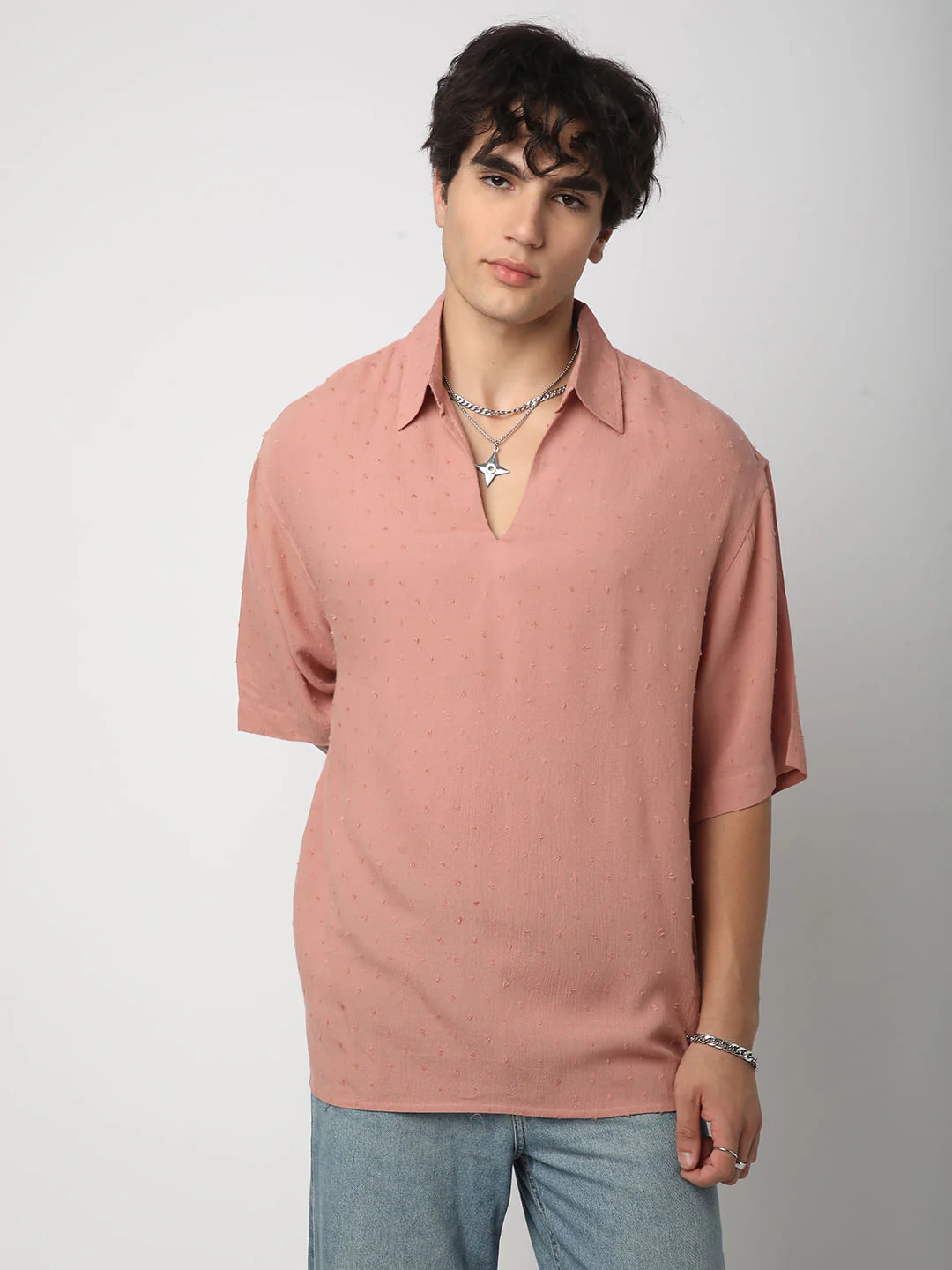 Premium Cotton Peach Ditsy Dobby Oversized Polo Shirt - Image 4