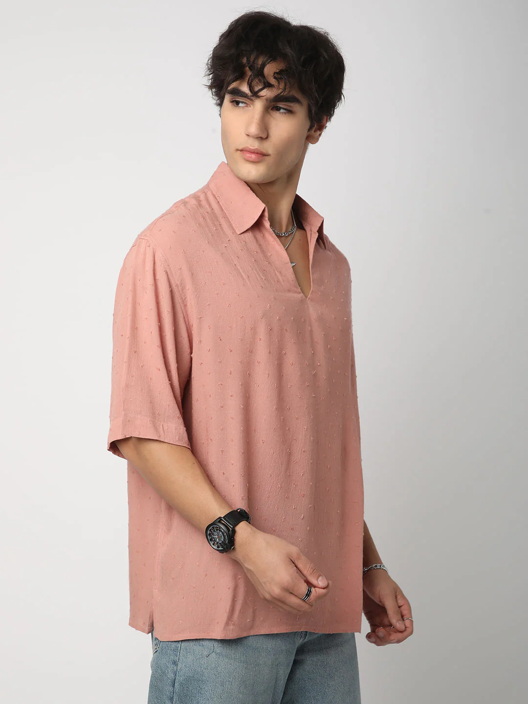 Premium Cotton Peach Ditsy Dobby Oversized Polo Shirt - Image 5