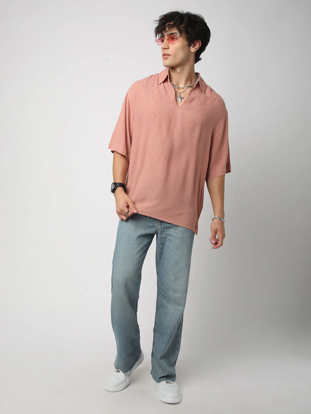 Premium Cotton Peach Ditsy Dobby Oversized Polo Shirt - Image 7