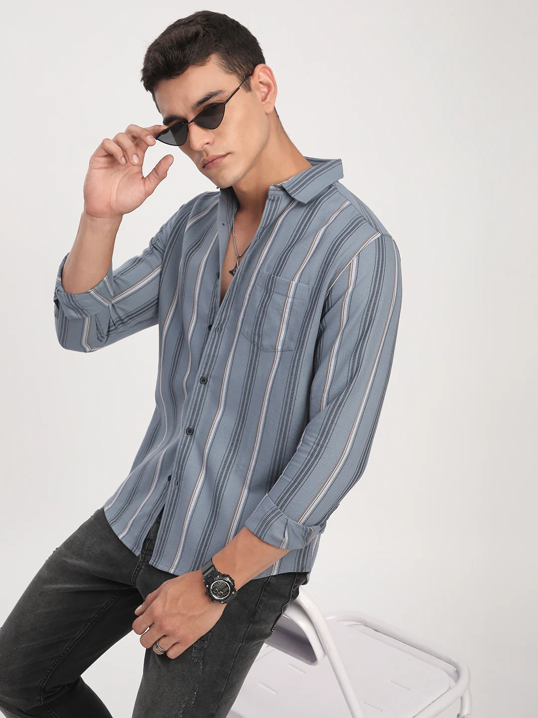 Premium Cotton Power Grey Harmony Striped Shirt - Image 2