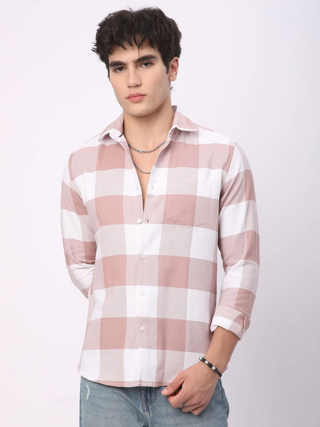 Premium Cotton Rose Pink & White Tartan Checkered Shirt - Image 5