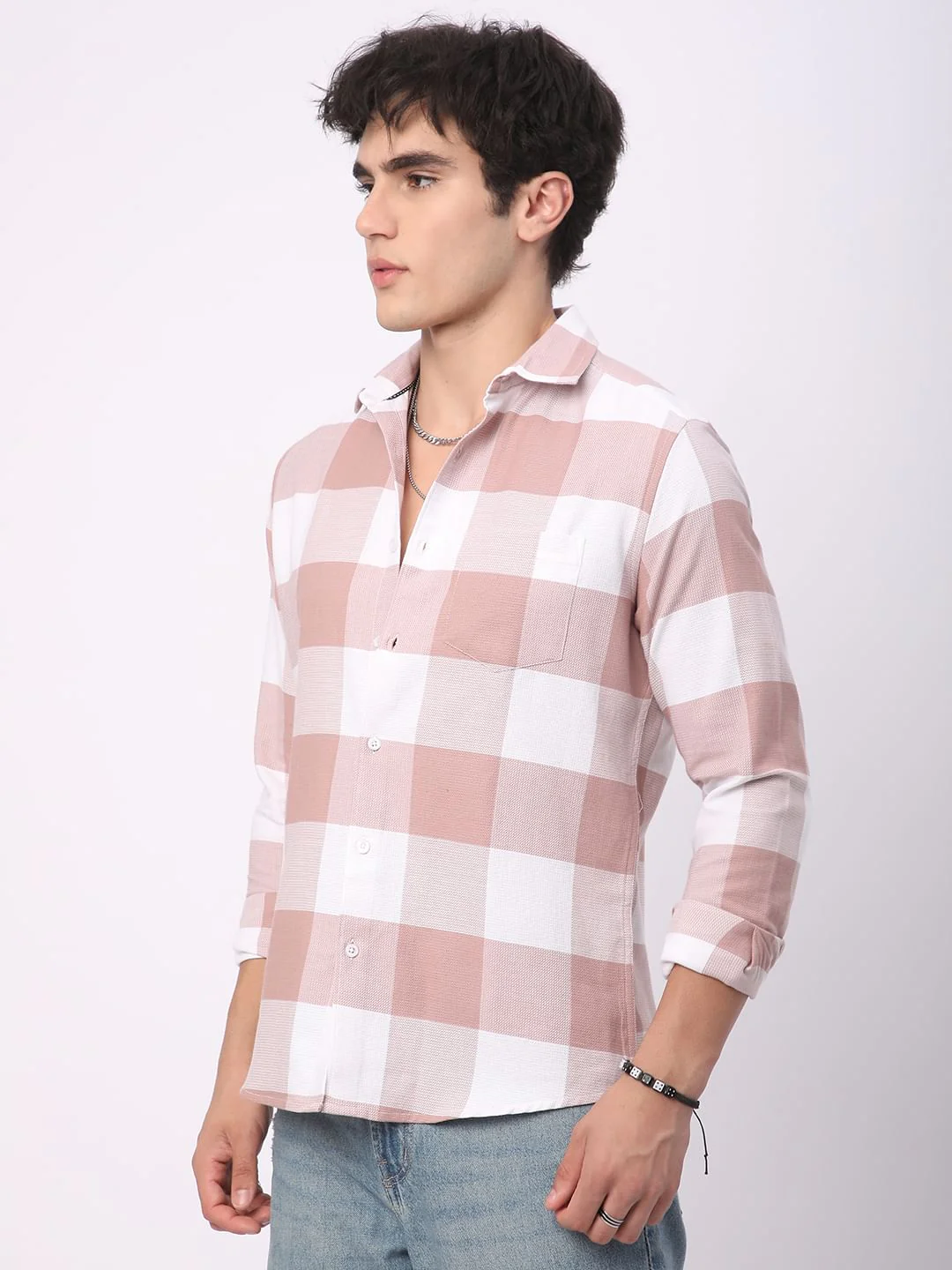Premium Cotton Rose Pink & White Tartan Checkered Shirt - Image 6