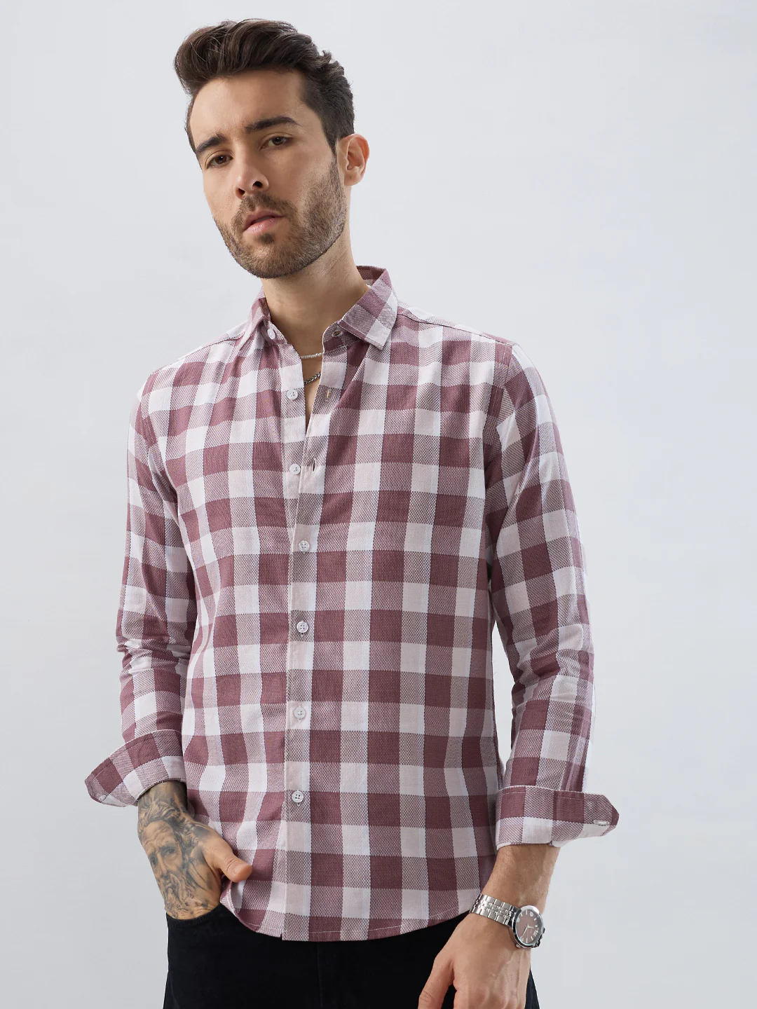 Premium Cotton Rosewood Pink Box Checked Shirt - Image 4