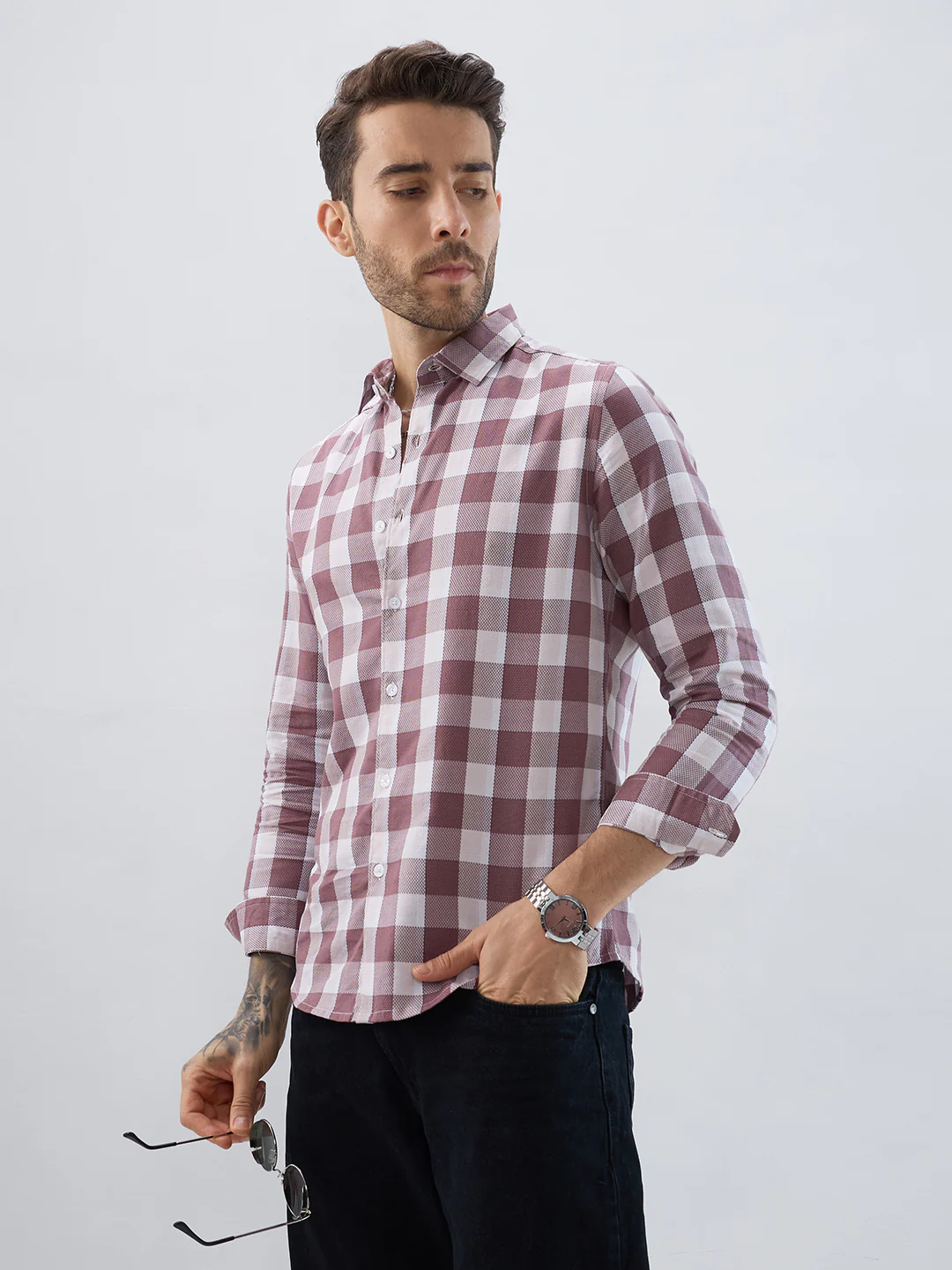 Premium Cotton Rosewood Pink Box Checked Shirt - Image 6
