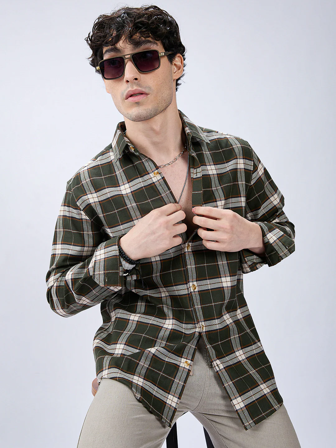 Premium Cotton Rustic Olive Green Frame Grid Checks Shirt - Image 2