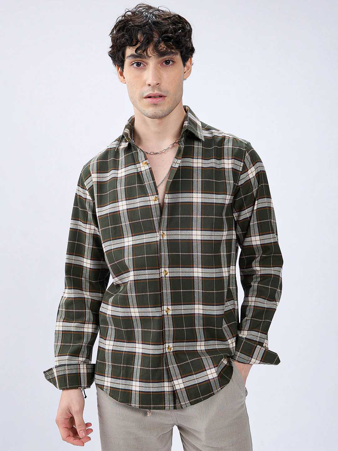 Premium Cotton Rustic Olive Green Frame Grid Checks Shirt - Image 4