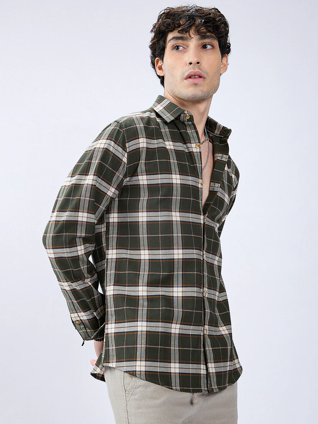Premium Cotton Rustic Olive Green Frame Grid Checks Shirt - Image 5