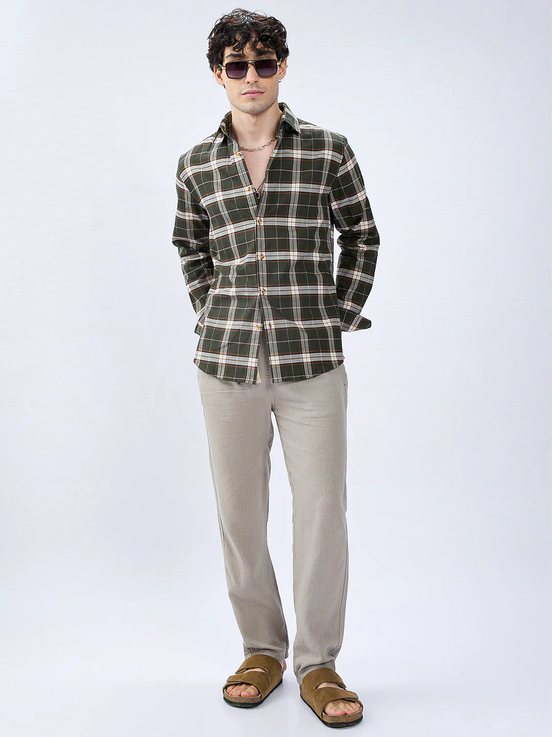 Premium Cotton Rustic Olive Green Frame Grid Checks Shirt - Image 7