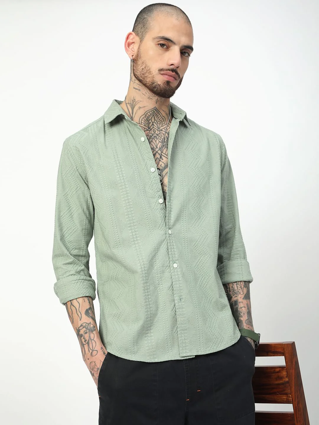 Premium Cotton Sage Green Embroidered Shirt